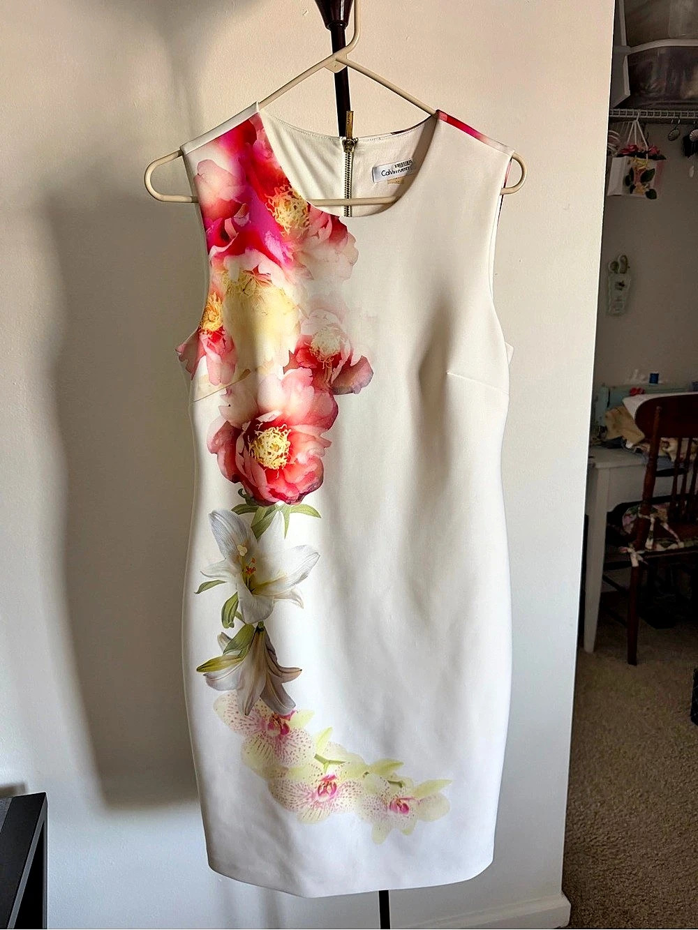 Calvin Klein Floral Mini Dress in White & Pink